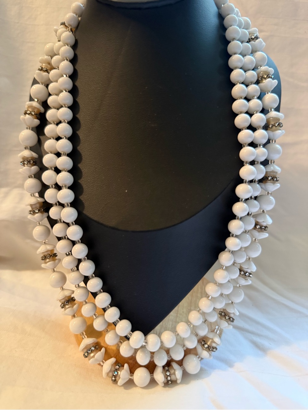 Miriam Haskell White Beaded Multi-Strand Necklace with Rhinestone Spacers